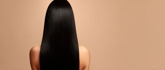 A person with long, sleek, straight black hair is shown from the back against a neutral beige background.