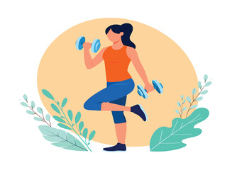 Young woman doing fitness exercise with dumbbells, healthy lifestyle concept vector illustration.