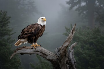 Fototapeta premium Majestic bald eagle perched regally on weathered branch amidst misty forest, symbolizing freedom and power in a serene natural setting perfect for conservation themes
