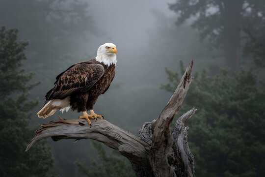 Majestic bald eagle perched regally on weathered branch amidst misty forest, symbolizing freedom and power in a serene natural setting perfect for conservation themes - Powered by Adobe
