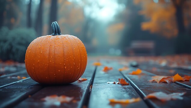 Orange pumpkin with water droplets on wooden table with autumn leaves image - Powered by Adobe