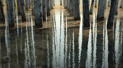 Vertical trunks mirrored on shallow water layer after recent rain, strong compositional axis for poster design. Illustration
