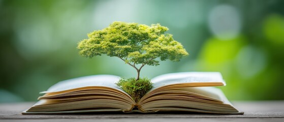 An open book with a small, lush green tree growing from its pages, symbolizing knowledge, growth, and nature.