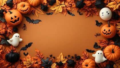 Orange pumpkins black bats white ghosts and autumn leaves frame orange background halloween