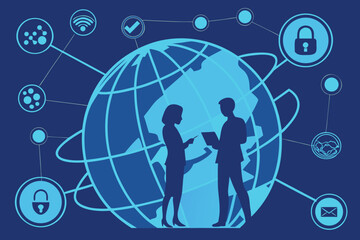 Silhouettes of business professionals on digital globe with tech icons