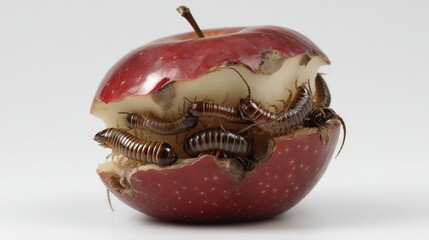 A red apple is partially eaten and infested with numerous millipedes crawling inside and around the bite marks.