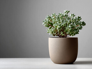 Clay pot with green succulent plant, minimalist style