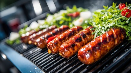 Juicy sausages grilling on a barbecue, garnished with fresh green herbs and red chili peppers.