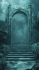 Ancient Stone Archway Leading Up Steps in Atmospheric Setting
