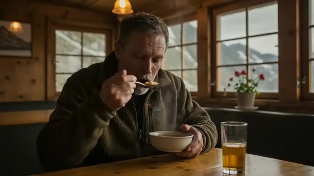Man eating soup in a mountain hut
