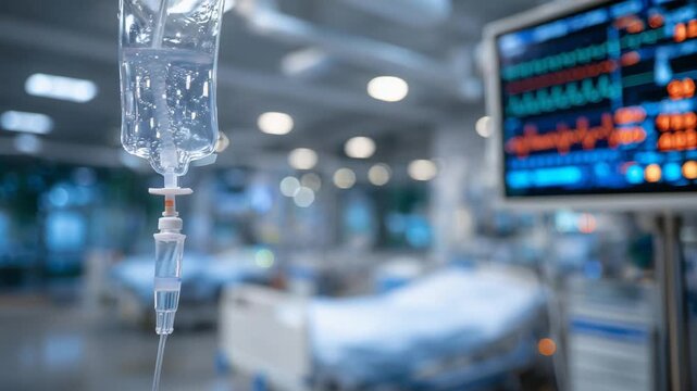 A detailed view of a saline-filled IV drip bag with fluid flowing, set against a blurred hospital bed and monitor backdrop.