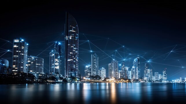 Futuristic cityscape at night with illuminated skyscrapers connected by a glowing digital network over calm water reflections.
