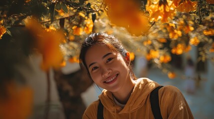 A young woman smiles warmly under golden autumn leaves, bathed in soft sunlight, creating a cozy and vibrant seasonal atmosphere.