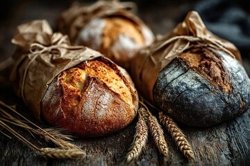 Freshly baked loaves of bread, wrapped in brown paper, sit on a rustic wooden table alongside stalks of wheat, creating a warm and inviting scene