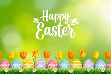 Happy easter greeting with decorated eggs and flowers
