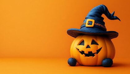 Smiling Jack O Lantern pumpkin wearing a blue witch hat on orange background halloween