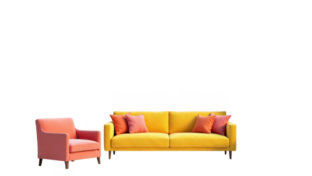 Vibrant coral armchair and yellow sofa arrangement.