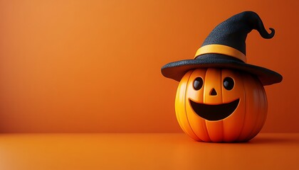 Smiling orange pumpkin wearing a black witch hat with orange trim Halloween jack o lantern