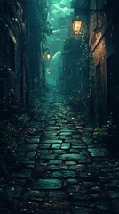 Walking Down a Cobblestone Street at Night Illuminated by Lanterns