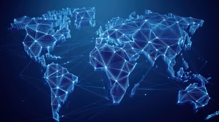 Digital world map with interconnected glowing blue nodes and lines representing global data networks and connectivity.
