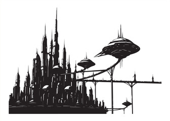 Naklejka premium Futuristic Metropolis Cityscape Silhouette with Flying Saucers and Towers Against a White Background Concept Illustration