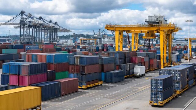 Trucks navigate a vibrant container yard with stacked containers beneath a partly cloudy sky.