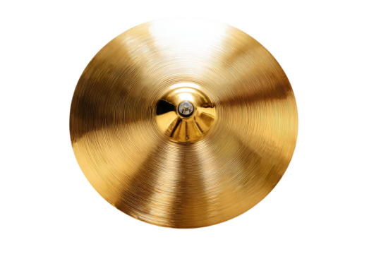 Close-up of a golden hi-hat cymbal, showing its circular shape, metallic sheen, and center