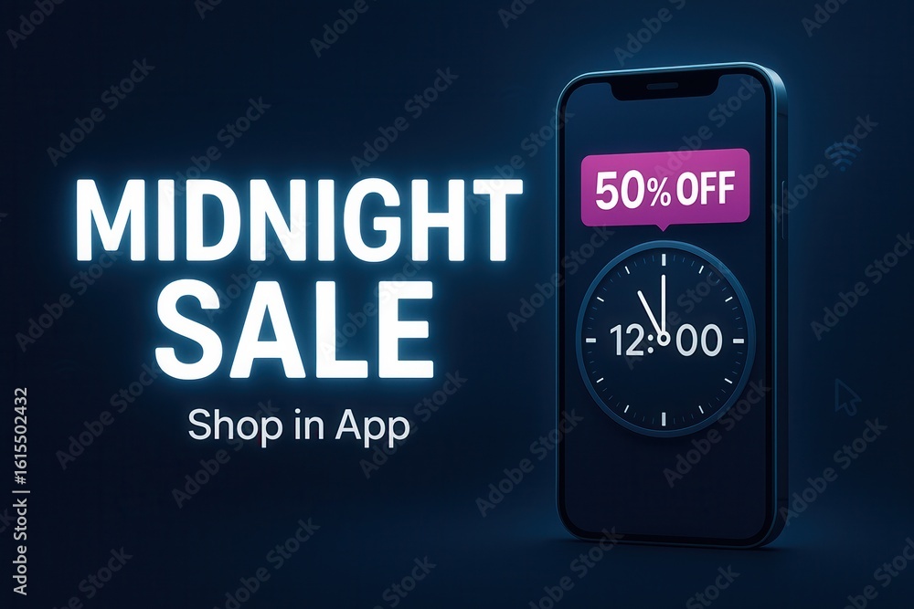 Poster a glowing advertisement for a midnight sale featuring a smartphone displaying a clock at 12:00 and a