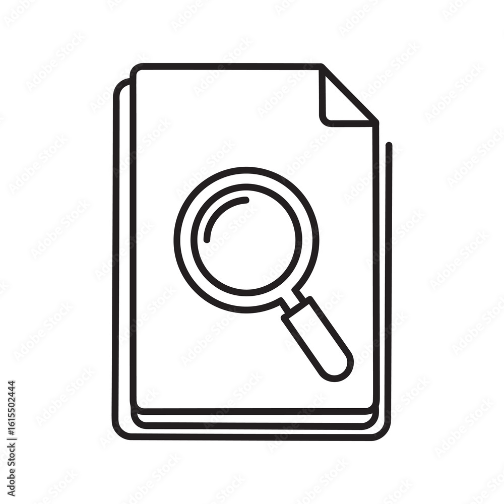 Poster document search icon with magnifying glass over a file representing data review information analysis