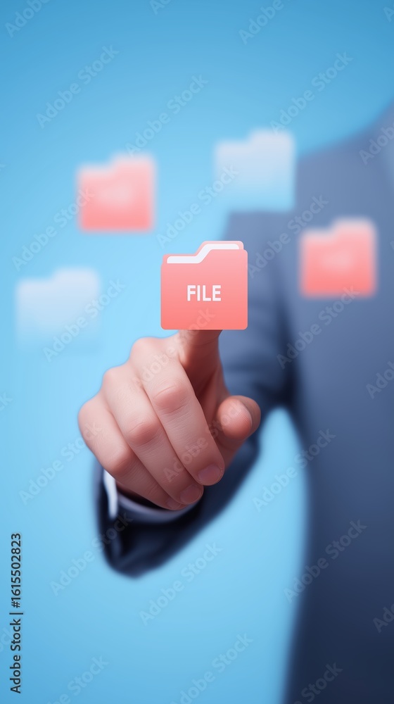 Poster businessman in a suit is selecting a digital file icon on a touchscreen interface, surrounded by flo