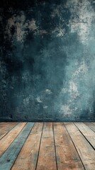 Textured Blue Wall and Wooden Floor Background Interior