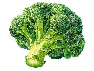 Illustration of a fresh, vibrant head of broccoli with detailed florets and a thick stem, isolated on a transparent background