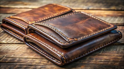 Two rich brown leather wallets are neatly stacked on a rustic wooden surface
