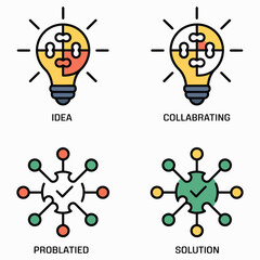 Business process outline icon set for innovation and problem-solving. Vector symbols for idea, collaboration, and solution concepts.