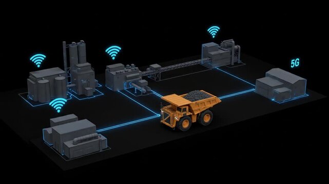 A 3D illustration of a smart mining site where 5G technology connects buildings, trucks, and tools into a seamless network. Ideal for educational, industrial, and tech innovation content.