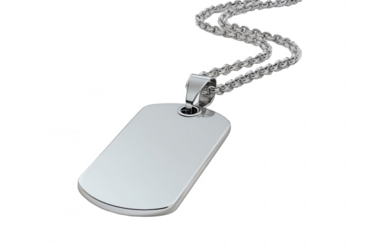 a dog tag on a chain, against a white background, png, transparent