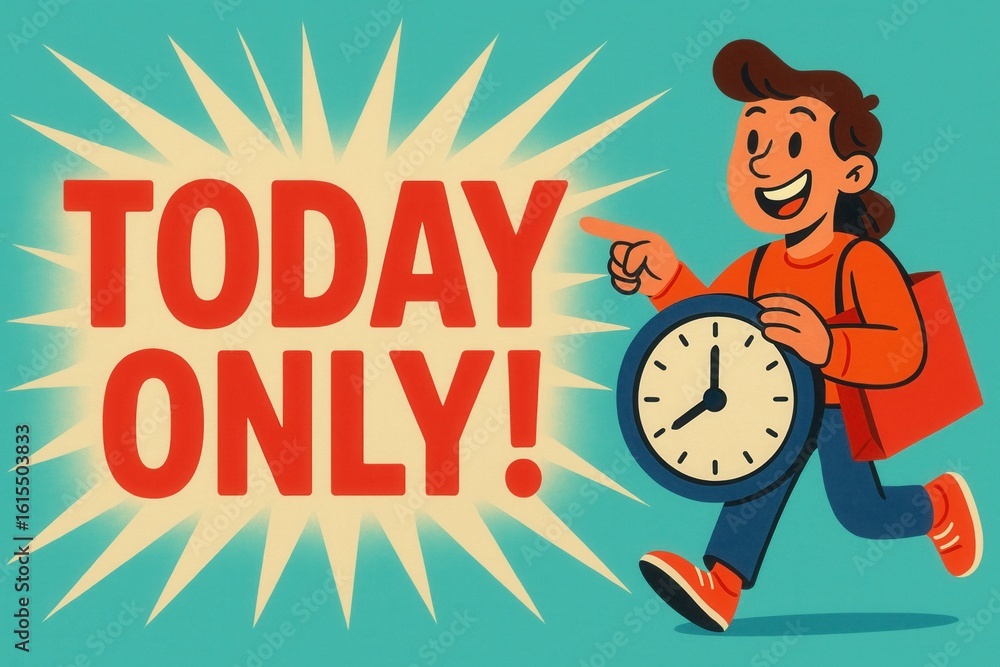 Poster a cheerful character holds a clock with excitement, emphasizing the time-limited message 