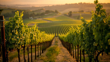 Naklejka premium Breathtaking vineyard at sunset with golden sunlight bathing the lush grapevines and rolling hills