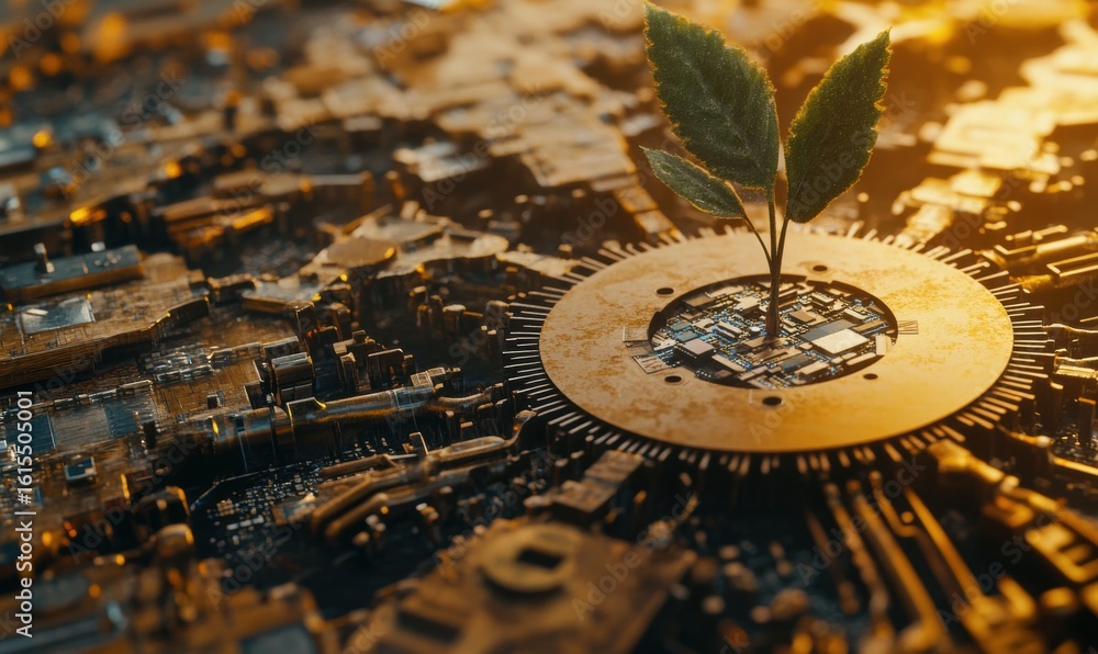 Poster sprout grows from circuit board symbolizing technology and nature synergy
