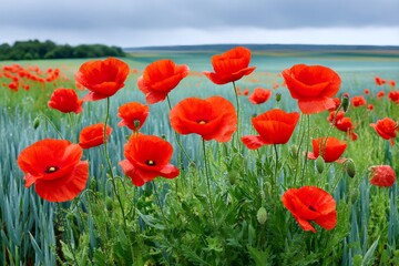 Fototapeta premium Red poppies blooming in a green field under a cloudy sky