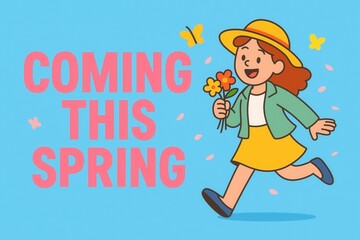 Obraz premium A cheerful cartoon woman in a spring outfit joyfully holding flowers, accompanied by butterflies, with the text 