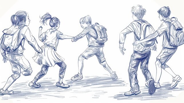 Children playing and demonstrating friendship during anti-bullying awareness month. Problem of bullying at school, based on nationality, race or class. Horizontal banner. Copy space. Sketch