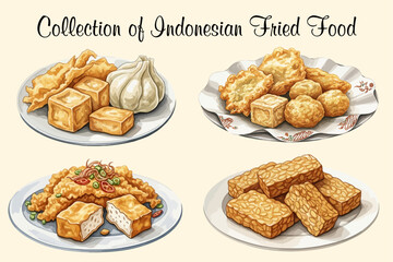 Illustration of Indonesian Fried Snacks Collection – Tahu, Tempe, Bakwan, Cireng, Gorengan
