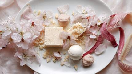 Cherry Blossom Themed Vegan Dessert with Meringue and Rhubarb Ribbons
