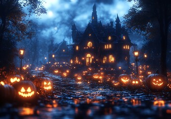 Obraz premium Spooky Halloween night with carved pumpkins and haunted house in forest jack o lantern