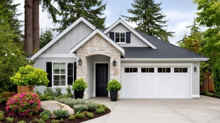 Beautiful new american suburban house with driveway and garage