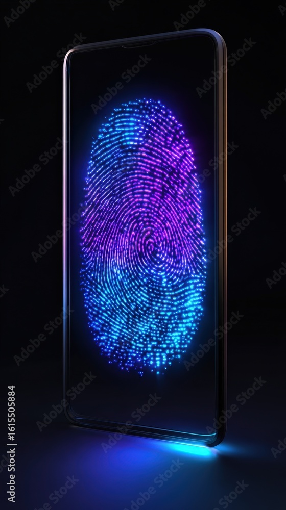 Poster smartphone display showing a futuristic neon fingerprint scan technology illustration