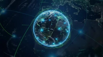 Futuristic digital Earth with a glowing global network, symbolizing worldwide communication and data exchange from space. - Powered by Adobe