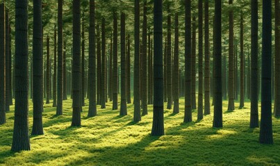 Tranquil forest scene sunlight filtering through tall trees on green grass
