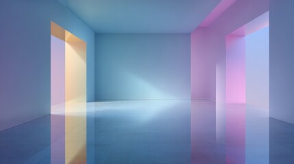 Fototapeta premium Pastel Room Interior Design Blue Pink Yellow Walls and Glossy Floor Modern Minimalist Empty Space